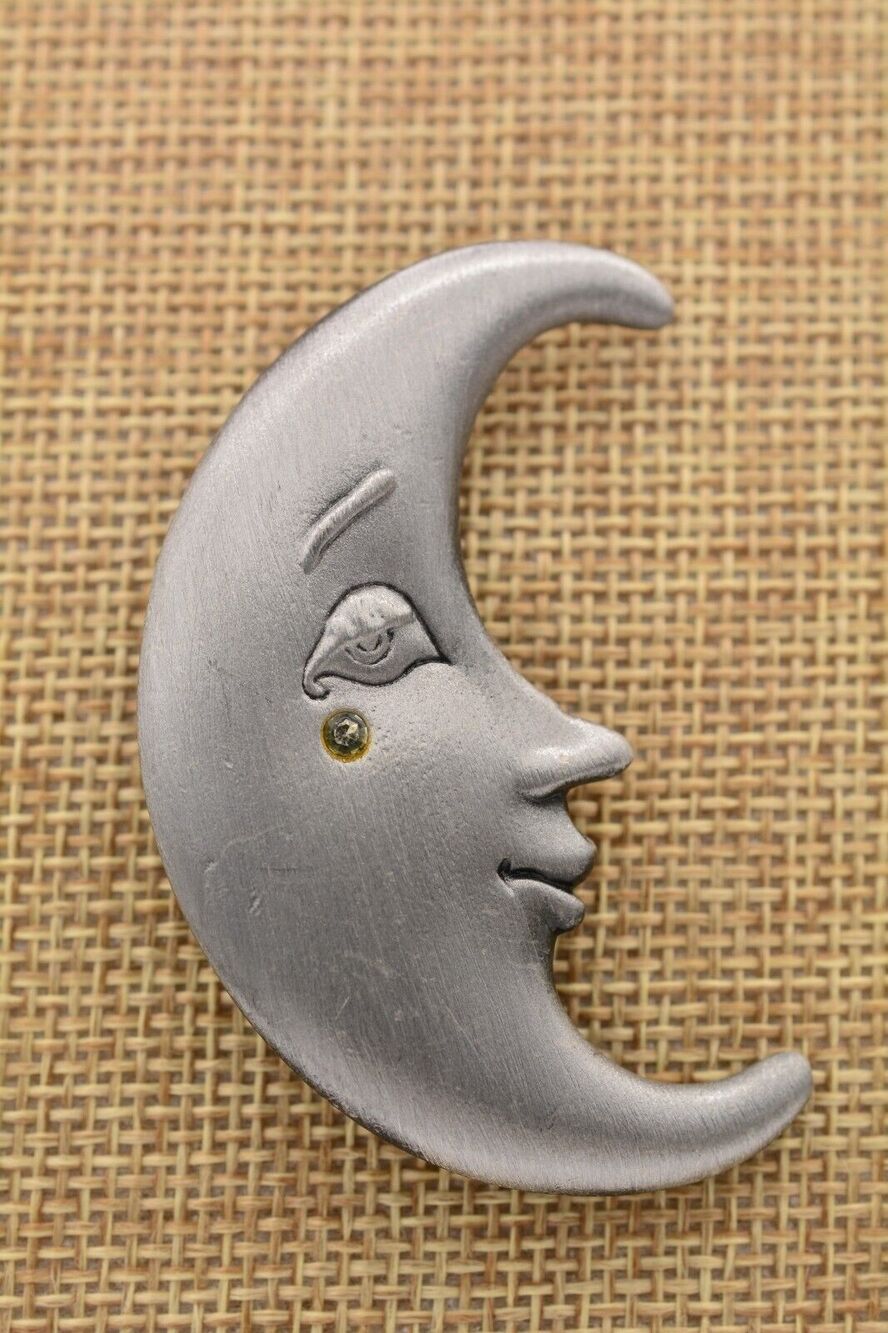 AJC Vintage Celestial Crescent Moon Pin Brooch Face Crystal Signed 1980s BinA18